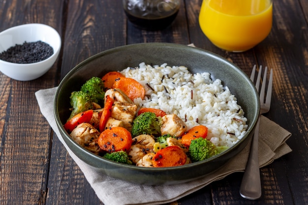 Premium Photo Chicken With Rice Broccoli Carrots And Soy Sauce Healthy Eating Diet Recipe 6702