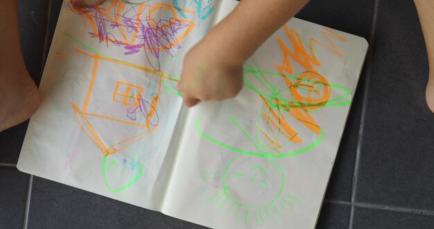 Child Hands Draws A Colored Markers On Paper While Lying On Floor