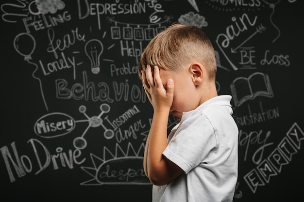 Child whose depression is on a black chalkboard with his hands closed Premium Photo