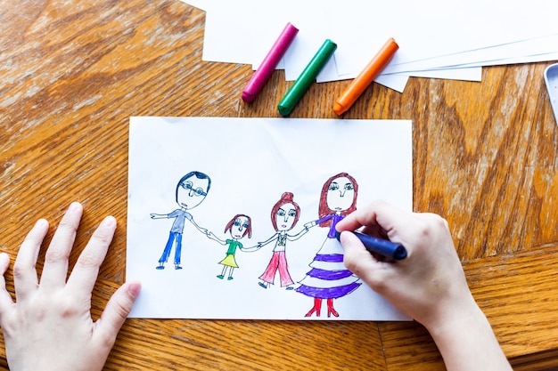 Premium Photo | Children's drawing family, mom, dad, sister, daughter ...