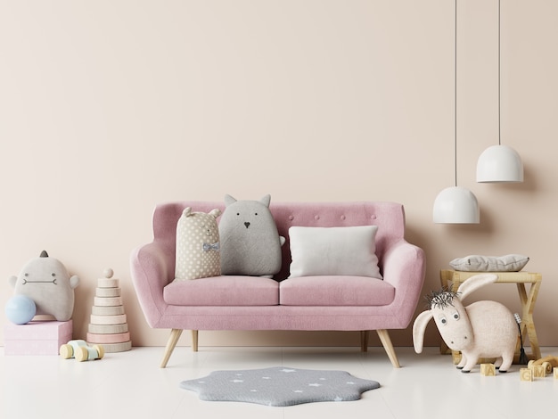 Children's room with pink sofa on empty white wall background.3d rendering Free Photo