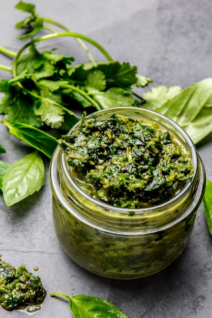 Premium Photo | Chimichurri sauce. argentine green parsley basil sauce ...