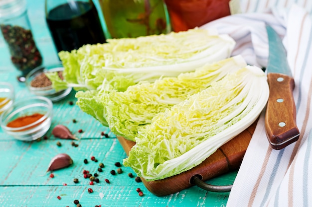 Chinese cabbage. preparation of ingredients for kimchi cabbage. korean traditional cuisine. Free Photo