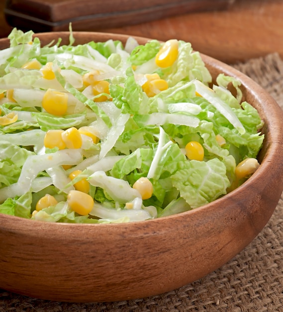 Free Photo Chinese Cabbage Salad With Sweet Corn In A Wooden Bowl