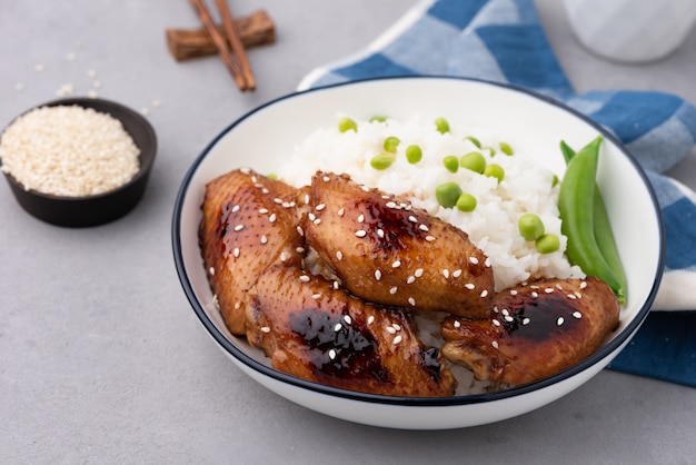 Premium Photo Chinese Food Fried Chicken Wings With Rice