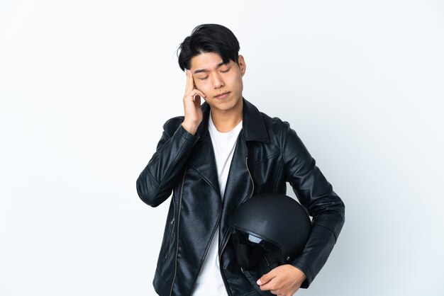 Premium Photo | Chinese man with a motorcycle helmet on white with headache