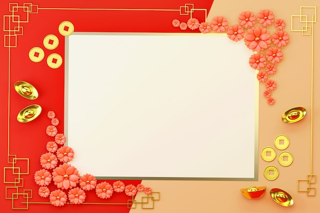 Chinese New Years Flat Lay Card Border Frame With Chinese Gold Money And Flower Object