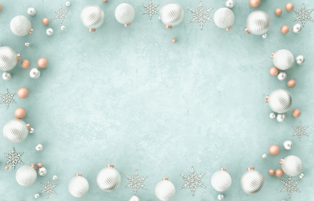 Christmas 3d decoration border frame christmas ball, snowflake on blue background. christmas, winter, new year . flat lay, top view, copyspace. Premium Photo