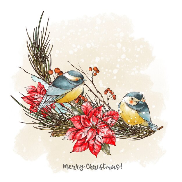 モミの枝 鳥のシジュウカラ ポインセチアの花のクリスマスブーケ 休日のイラスト プレミアム写真