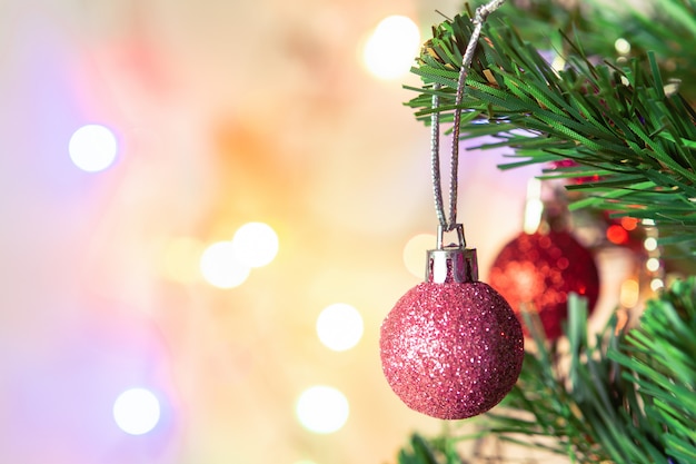 Christmas Decoration Hanging Glitter Pink Balls On Pine Branches