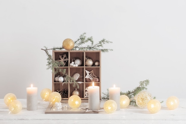 Premium Photo | Christmas decorations on background white wall