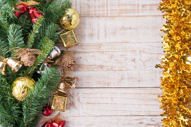 Christmas decorations on vintage white wood background. | Premium Photo
