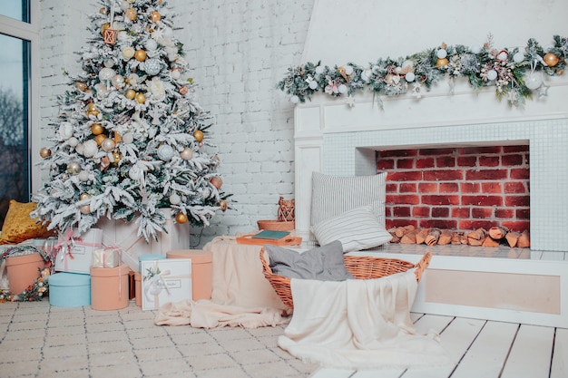 Christmas Interior In White Colors White Wooden Floor Christmas