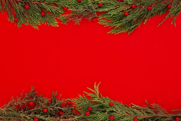 Copyspaceと赤枠の背景にクリスマスパインの葉 無料の写真