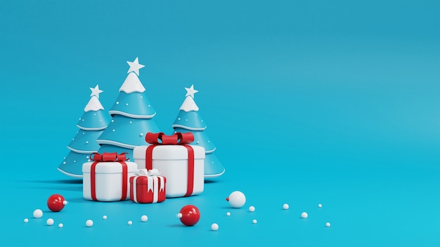 青のクリスマスツリーとギフトボックス プレミアム写真