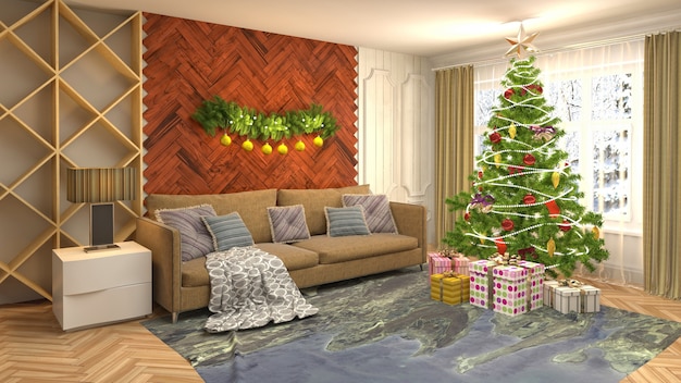 リビングルームのインテリアのクリスマスツリーの図 プレミアム写真