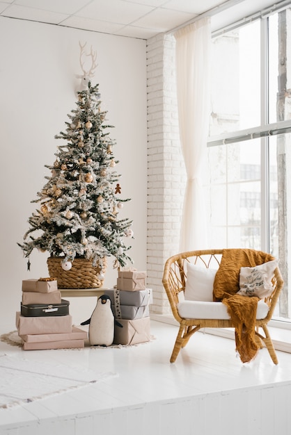 Christmas Tree In The Living Room In Bright Colors A Chair