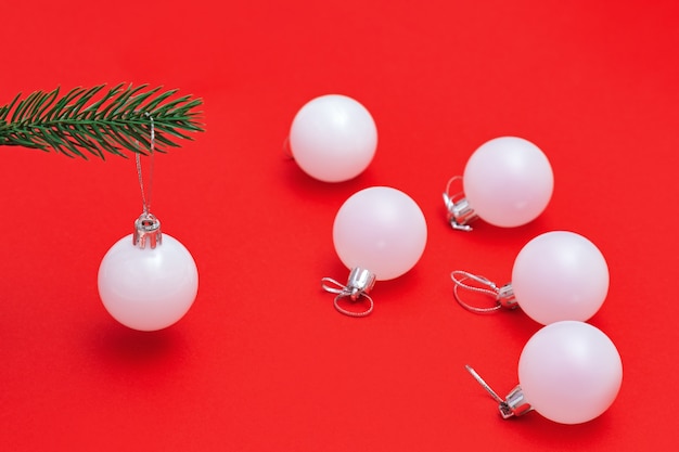 Christmas Tree Toy White Ball Hanging On Branch New Year Minimal