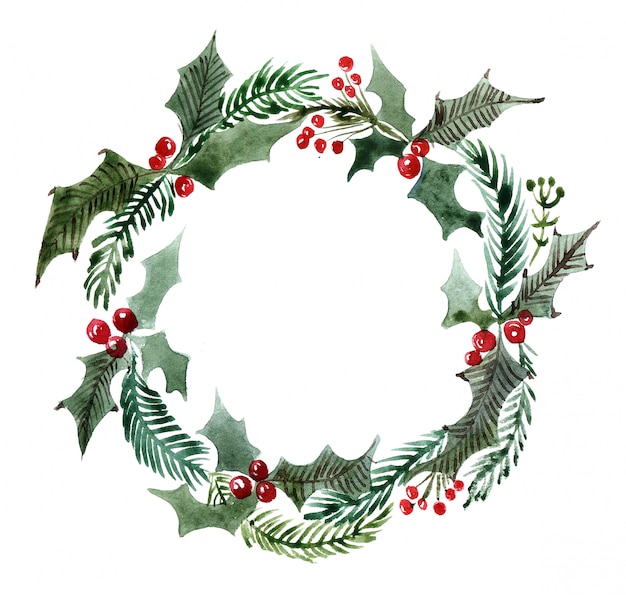 Premium Photo | Christmas watercolor wreath with holly branches of trees