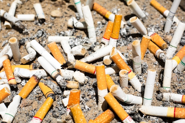 Premium Photo | Cigarette stubs on the sand ,butts of cigarettes.