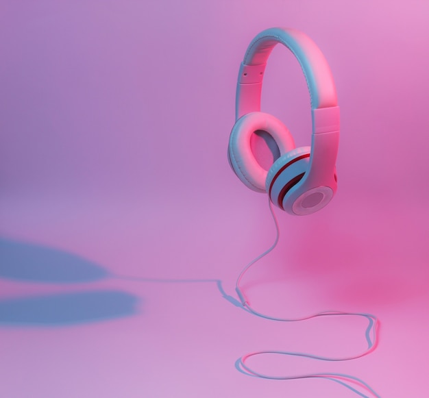 Premium Photo | Classic wired headphones with gradient blue pink neon ...