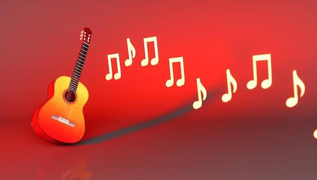 赤い背景の上のクラシックギター 3dイラスト プレミアム写真