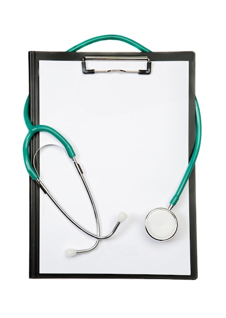 Premium Photo | Clipboard with stetoscope on a over white background