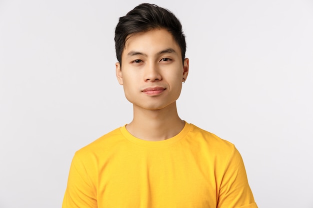 Premium Photo | Close-up asian charming, modern hipster man in yellow t