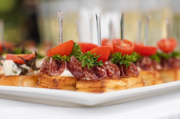Close-up big plate with serving snack canapes fried bread tomato parsley and salami Premium Photo