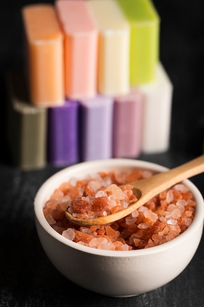 Free Photo Close Up Bowl With Mineral Salt And Soap