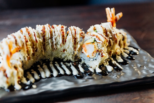 Premium Photo Close Up Maki Sushi With Rice Shrimp Tempura Avocado