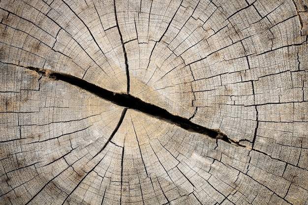 パターンとして亀裂と年輪とカット木の切り株のクローズアップ プレミアム写真