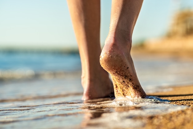 海の水の砂浜で裸足で歩く女性の足のクローズアップ 休暇 旅行 自由の概念 夏にリラックスできる人 プレミアム写真