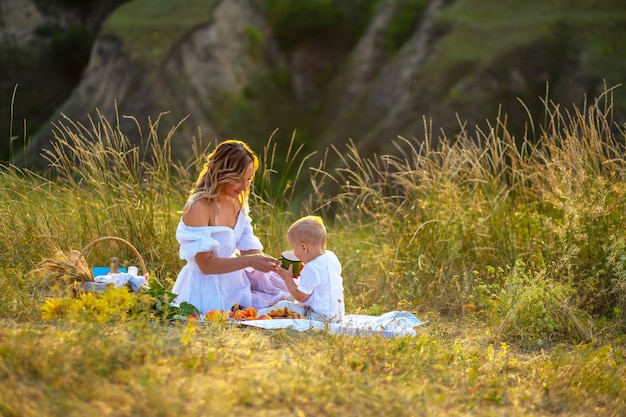 Krupnym Planom Mat Piknik S Synom Na Prirode Premium Foto