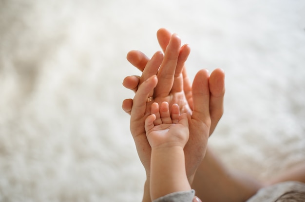 Close up of parents and baby join hands Premium Photo