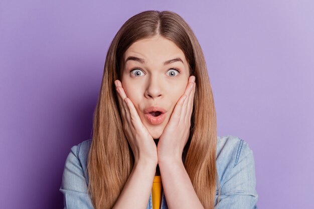 Premium Photo | Close up photo of positive shocked girl palms face on ...