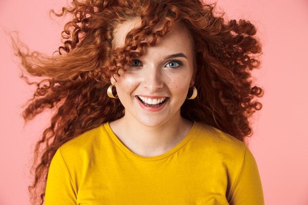 Premium Photo Close Up Portrait Of An Attractive Smiling Happy Young Woman With Long Curly Red 