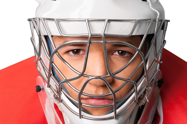 Premium Photo | Close up portrait of male ice hockey player in helmet ...