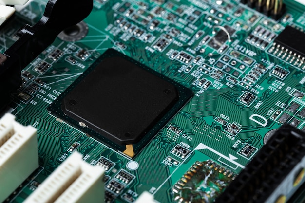 Close up of a printed green circuit board Premium Photo