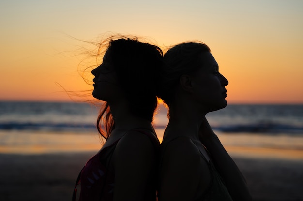 Premium Photo Close Up Silhouette Of Womens Couple In Romantic Scene Of Sunset Over The Sea 4903