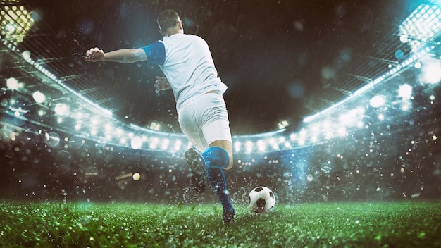 Premium Photo Close Up Of A Soccer Scene At Night Match With Player In A White And Blue Uniform Kicking The Ball With Power