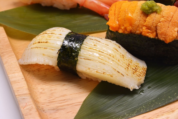 Premium Photo | Close up squid sushi, japanese food