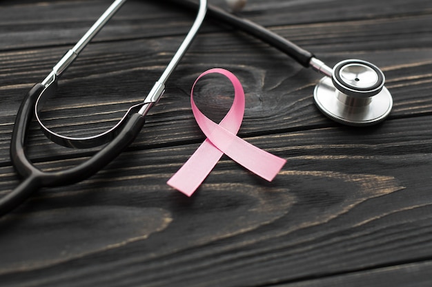 Close-up stethoscope and pink ribbon Free Photo