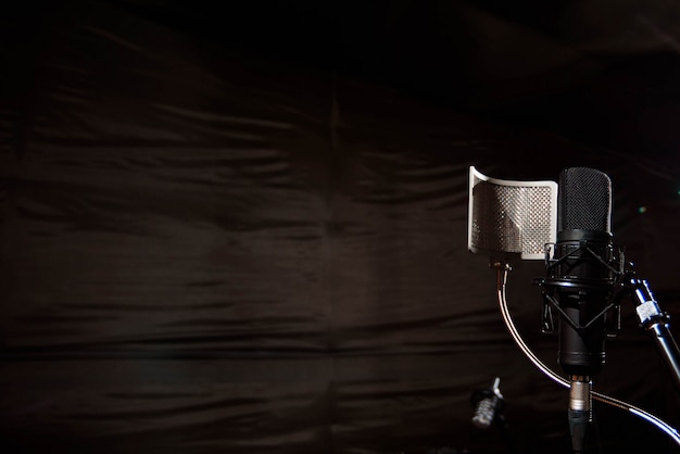 Close up studio condenser microphone with pop filter and anti-vi Premium Photo
