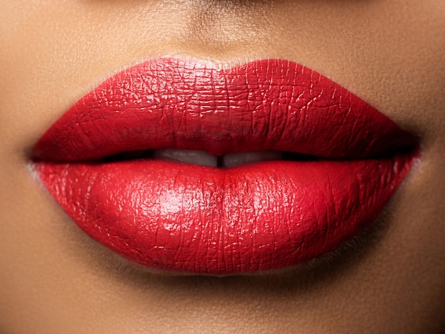 Premium Photo | Close Up View Of Beautiful Woman Lips With Red Lipstick ...