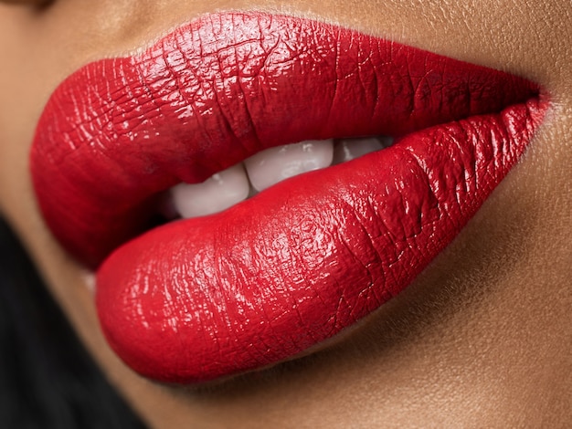 Premium Photo Close Up View Of Beautiful Woman Lips With Red Lipstick Fashion Make Up