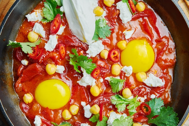 Premium Photo Close Up View On Shakshuka With Hot Chili Pepper In Tomato Juice With The Addition Of Chickpea Cheese And Bell Pepper Traditional Israeli Cuisine
