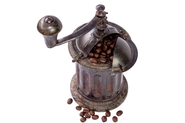 Premium Photo Close Up Vintage Coffee Grinder And Coffee Beans Isolated