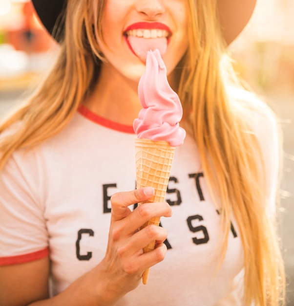 Premium Photo Close Up Of A Woman Licking Yummy Ice Cream 