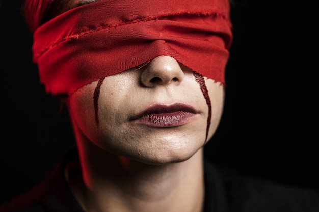 Premium Photo Close Up Of Woman With Red Blindfold